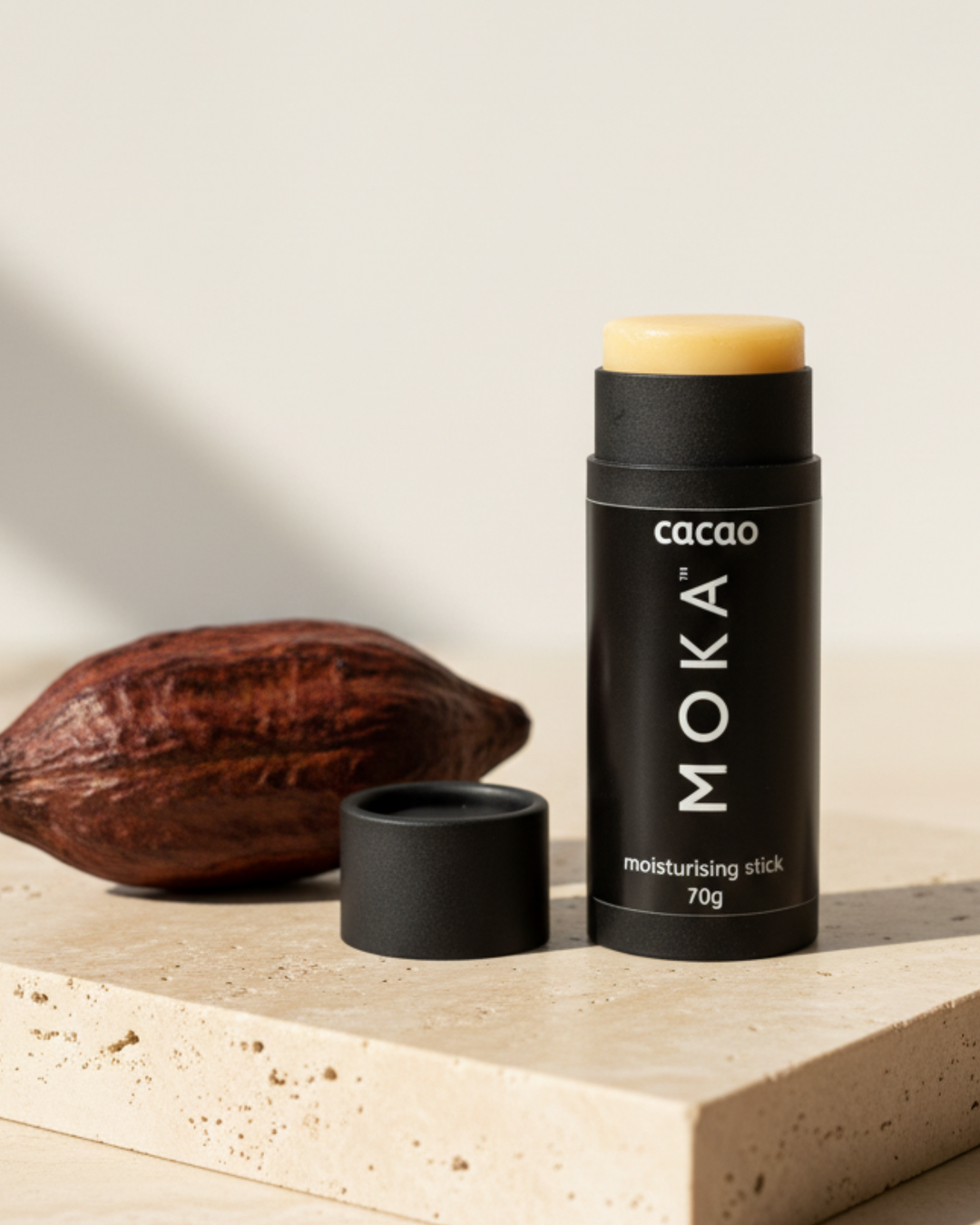 MOKA cacao body butter stick with a cacao pod