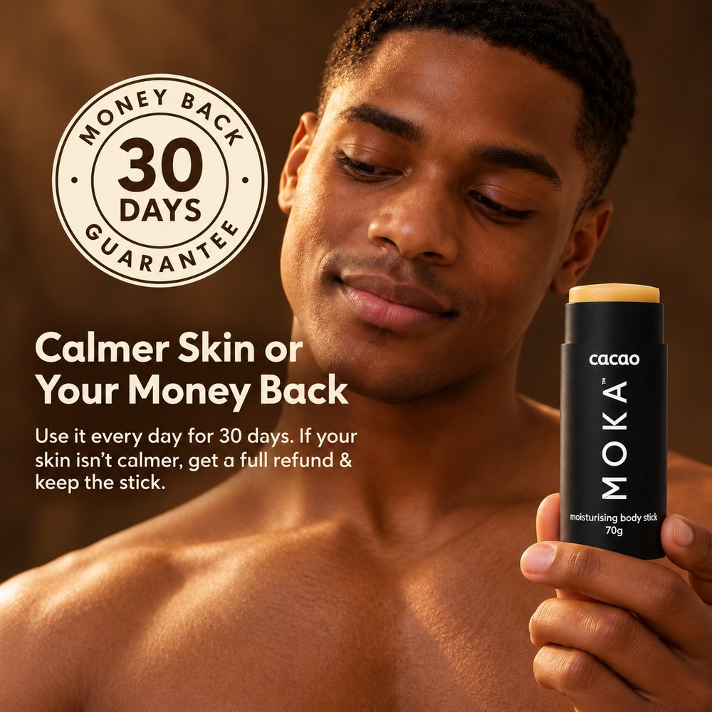 A man holding the MOKA cacao body butter stick